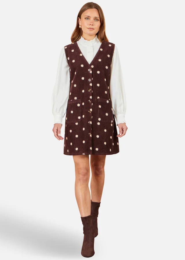 Yumi Brown Embroidered Daisy Pinafore Dress