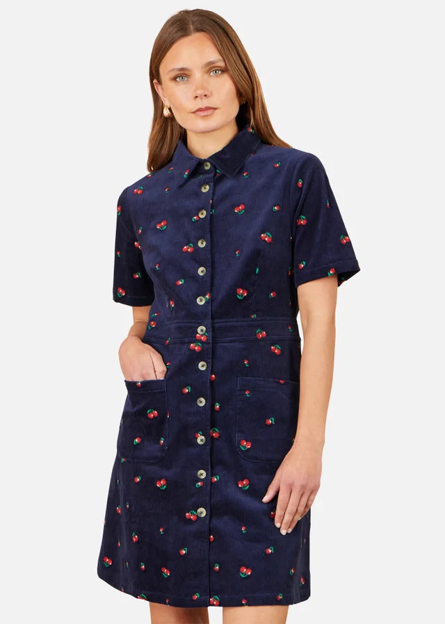 Yumi Navy Embroidered Cherry Shirt Dress