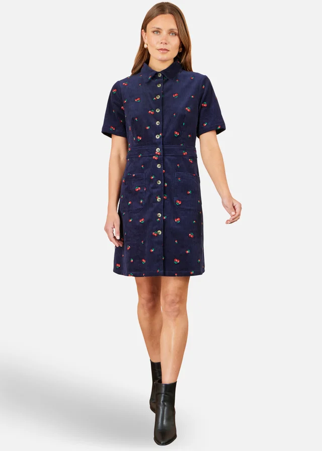 Yumi Navy Embroidered Cherry Shirt Dress