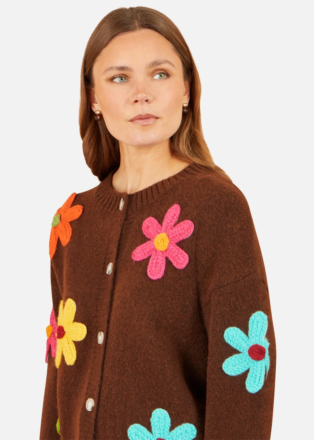 Yumi Brown Knitted Flower Applique Cardigan - M Image 4