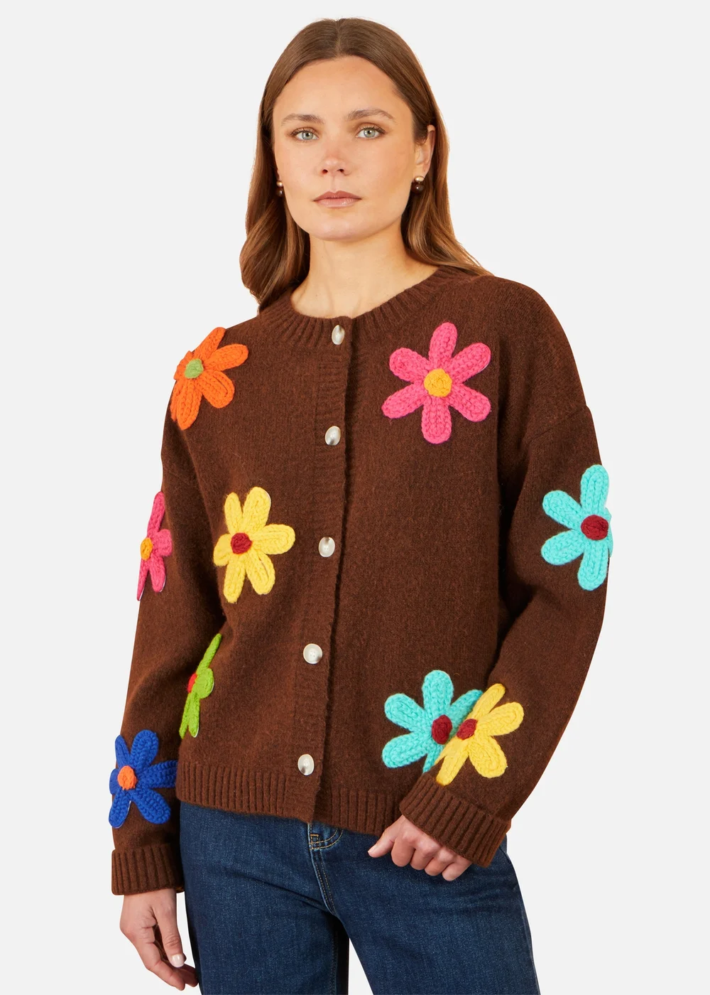 Yumi Brown Knitted Flower Applique Cardigan - M Image 1
