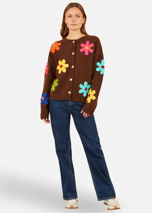 Yumi Brown Knitted Flower Applique Cardigan - M Image 2