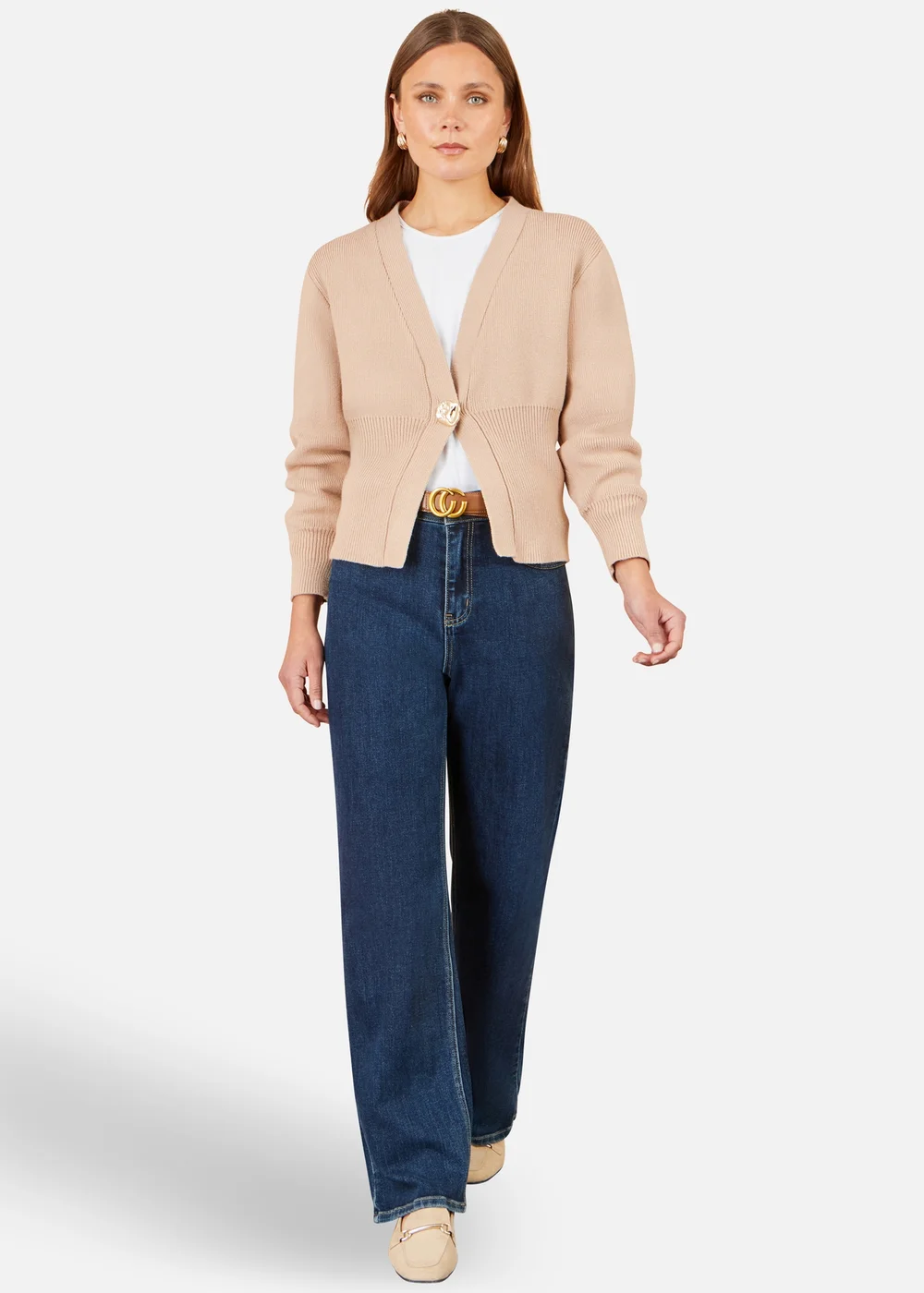 Yumi Beige Knitted Button Cardigan - L Image 2
