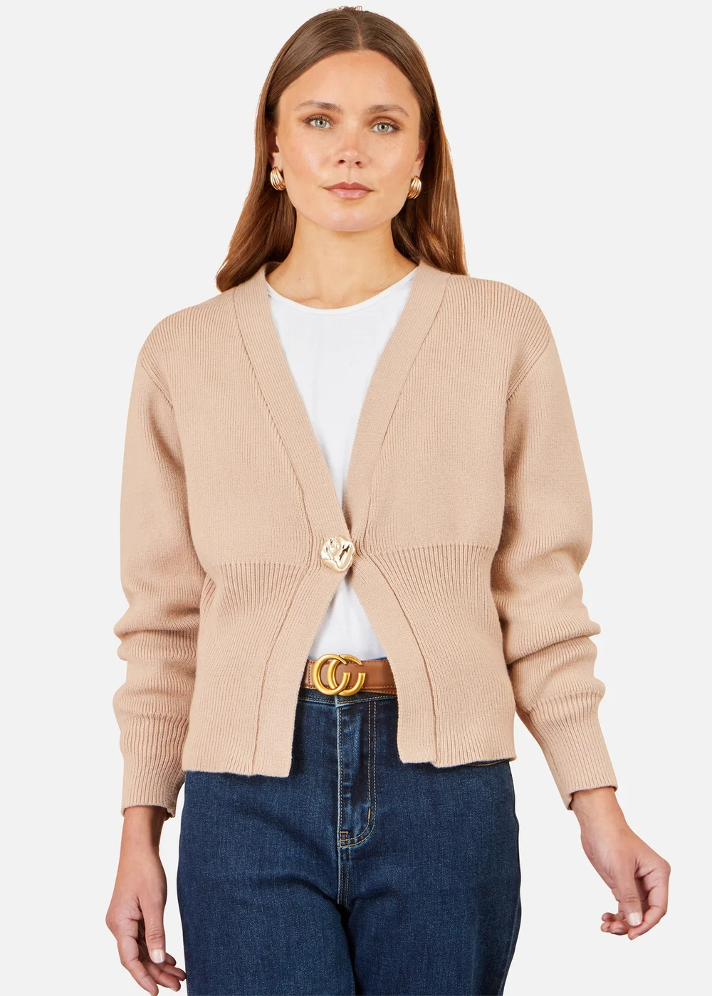 Yumi Beige Knitted Button Cardigan - L Image 1