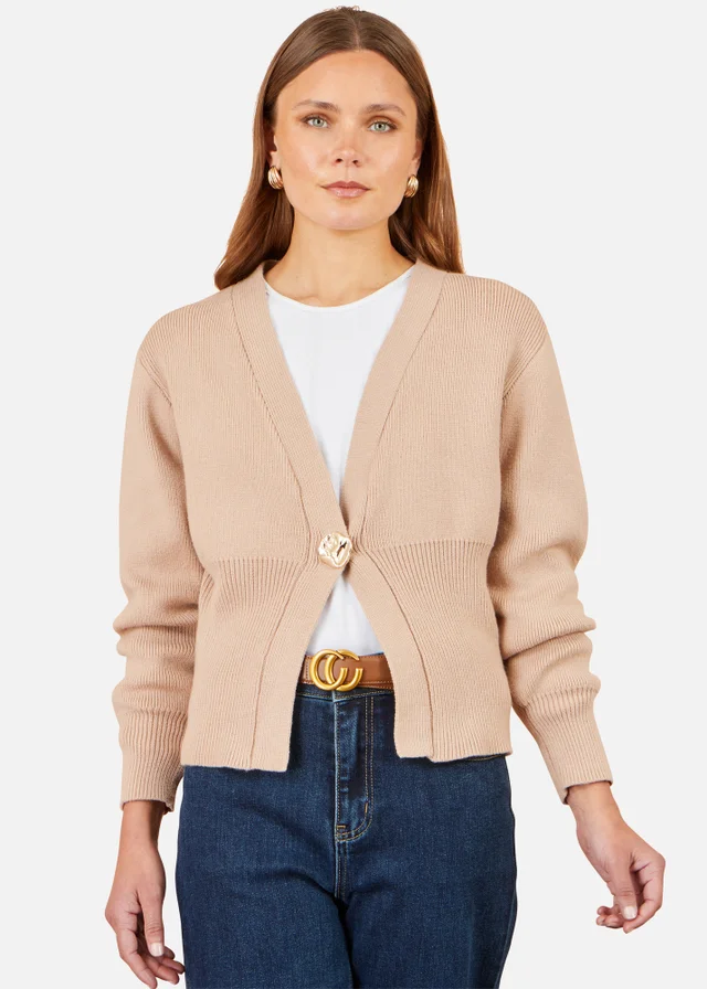 Yumi Beige Knitted Button Cardigan