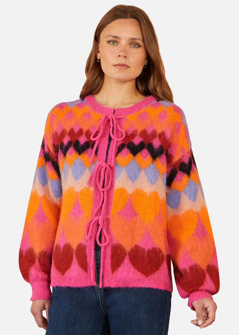 Yumi Pink Tie Front Heart Intarsia Cardigan - S Image 1