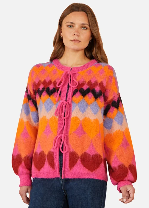 Yumi Pink Tie Front Heart Intarsia Cardigan - S Image 1