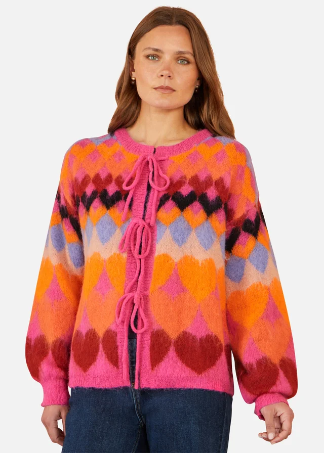 Yumi Pink Tie Front Heart Intarsia Cardigan
