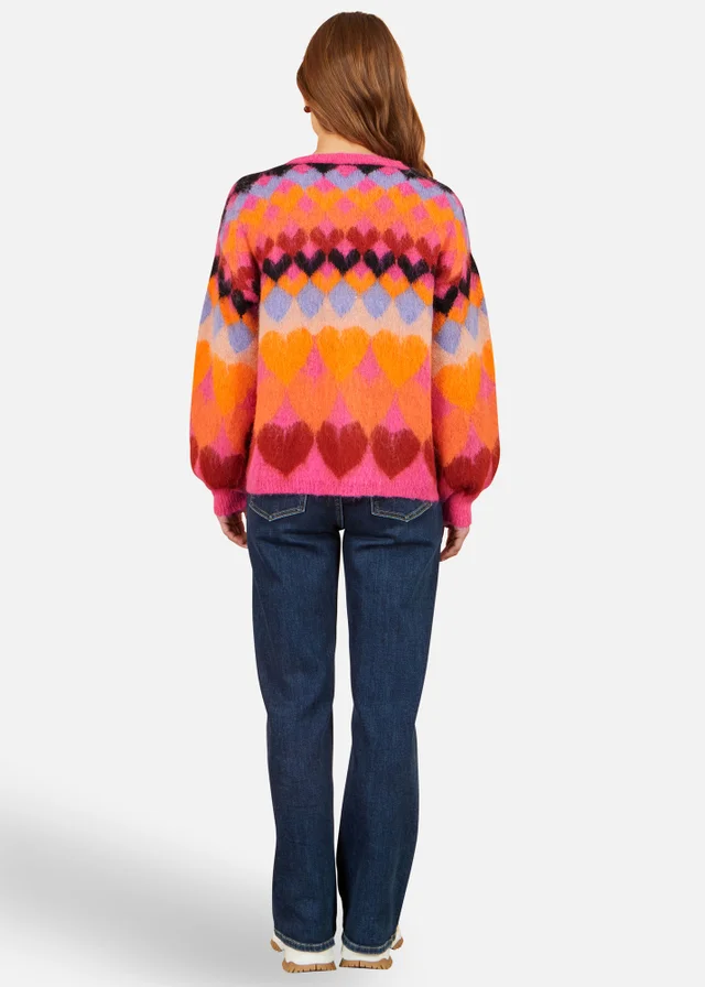 Yumi Pink Tie Front Heart Intarsia Cardigan