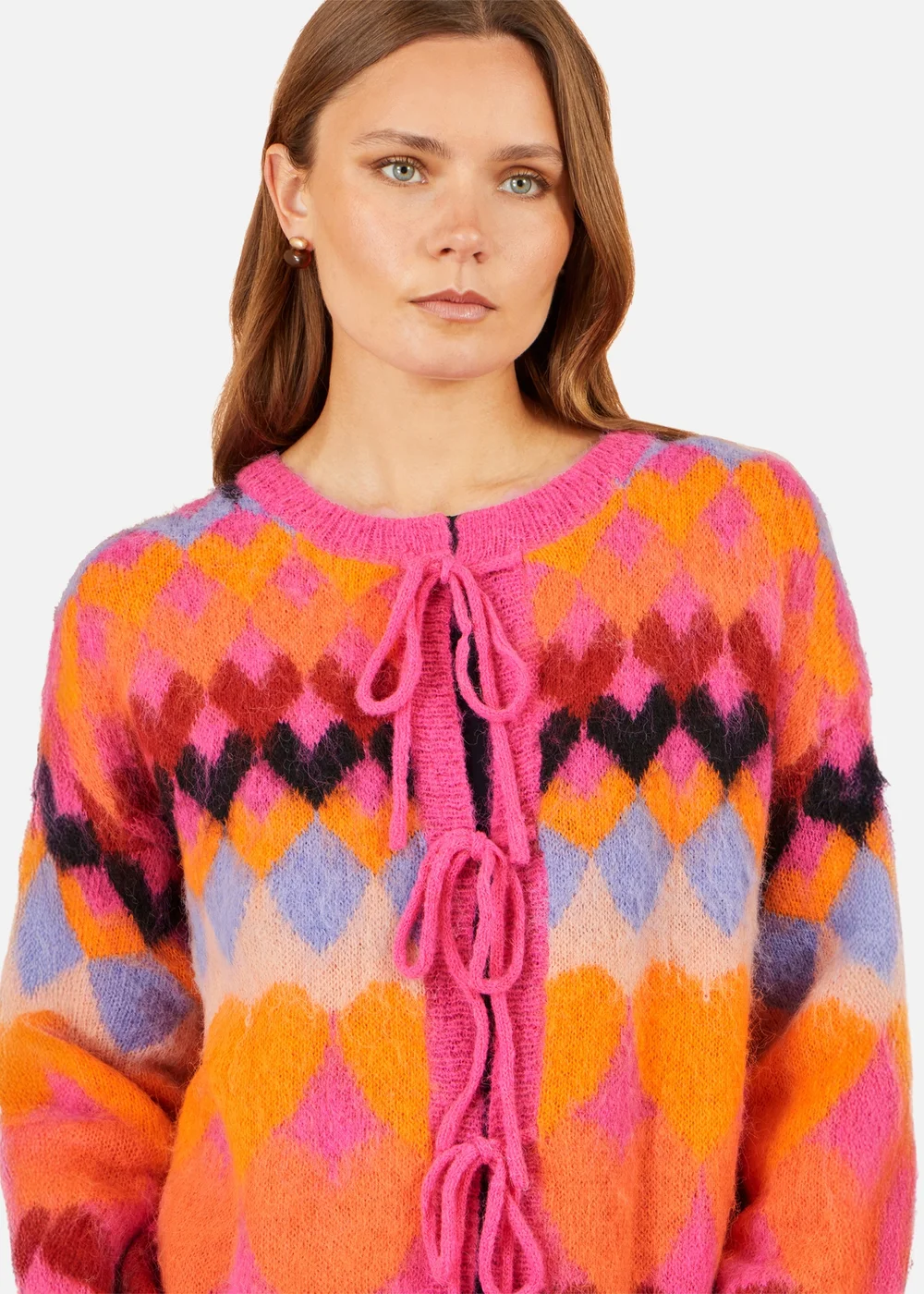 Yumi Pink Tie Front Heart Intarsia Cardigan - S Image 3
