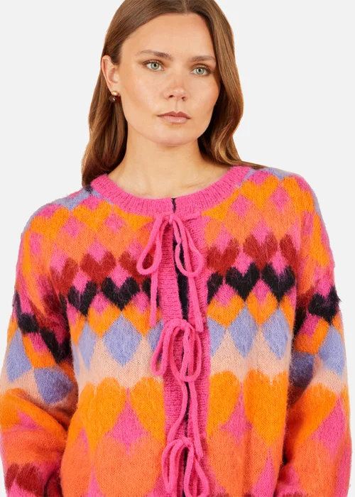Yumi Pink Tie Front Heart Intarsia Cardigan - S Image 3