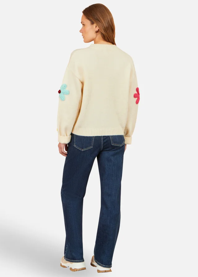 Yumi Ivory Knitted Flower Applique Cardigan