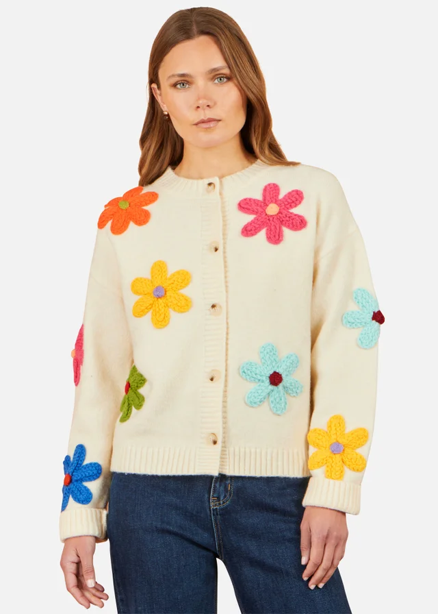 Yumi Ivory Knitted Flower Applique Cardigan