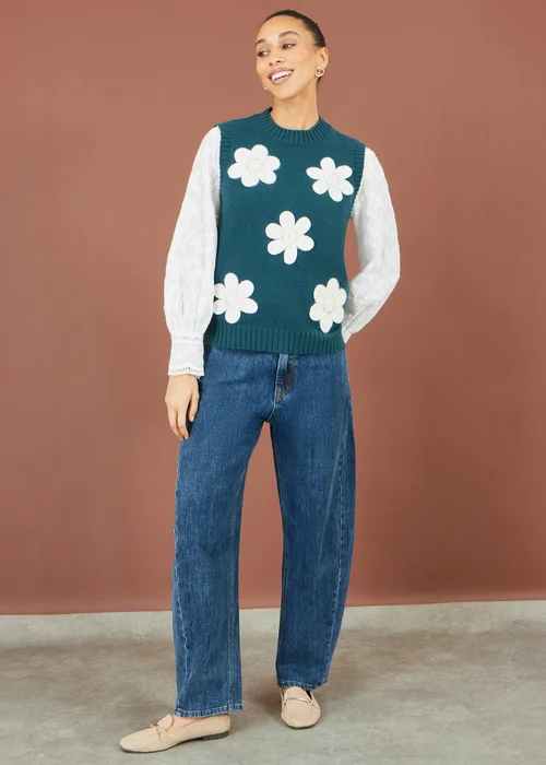 Yumi Teal Flower Applique Knit Tank - M Image 2
