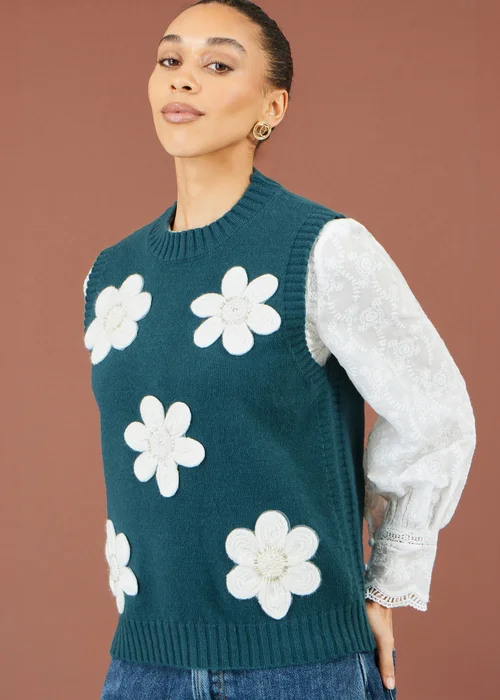 Yumi Teal Flower Applique Knit Tank - M Image 1