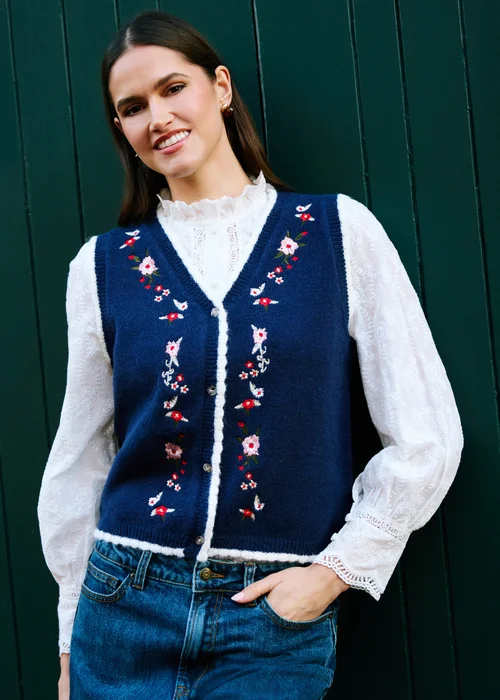 Yumi Navy Embroidered Knitted Waistcoat - S Image 2