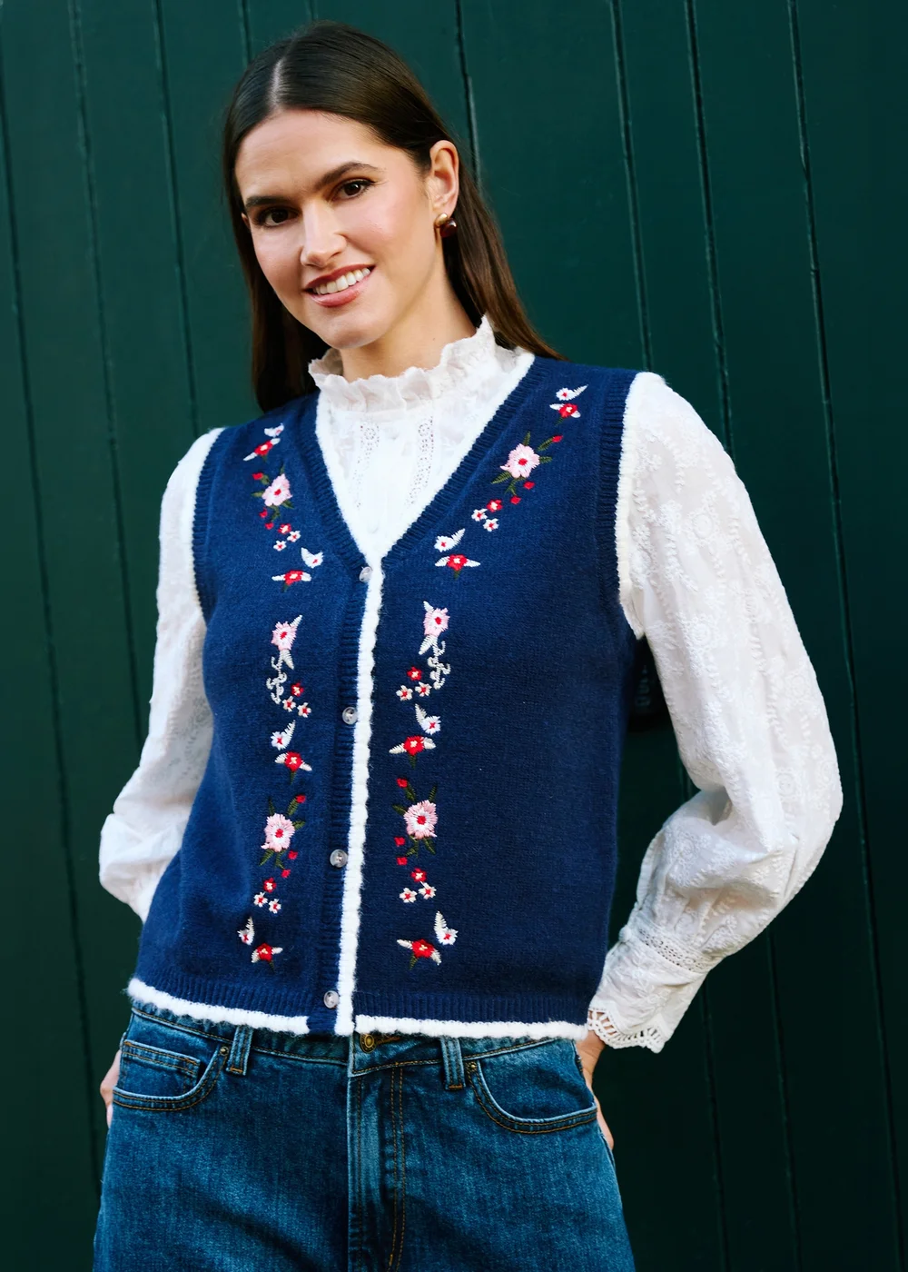 Yumi Navy Embroidered Knitted Waistcoat - S Image 1