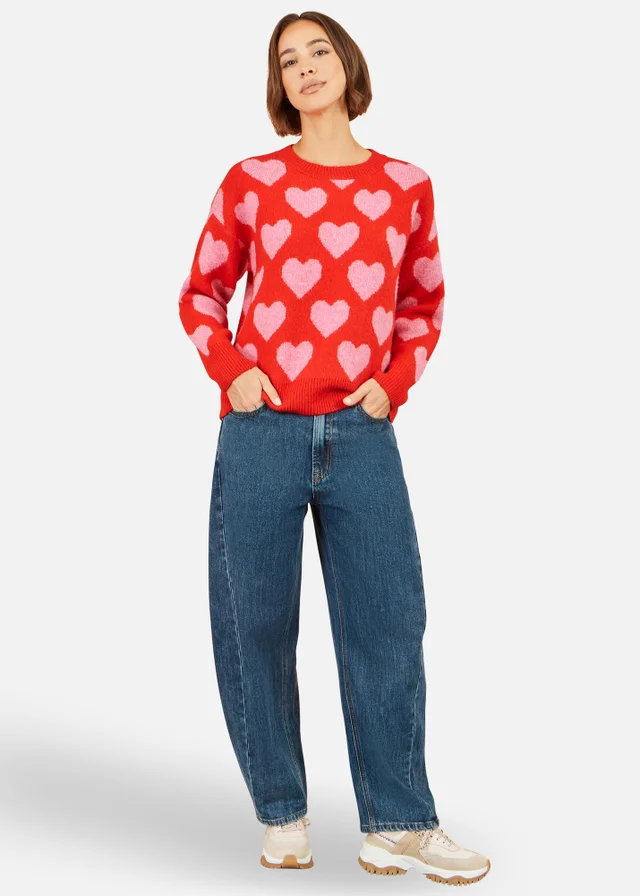 Yumi Pink Heart Intarsia Relaxed Jumper