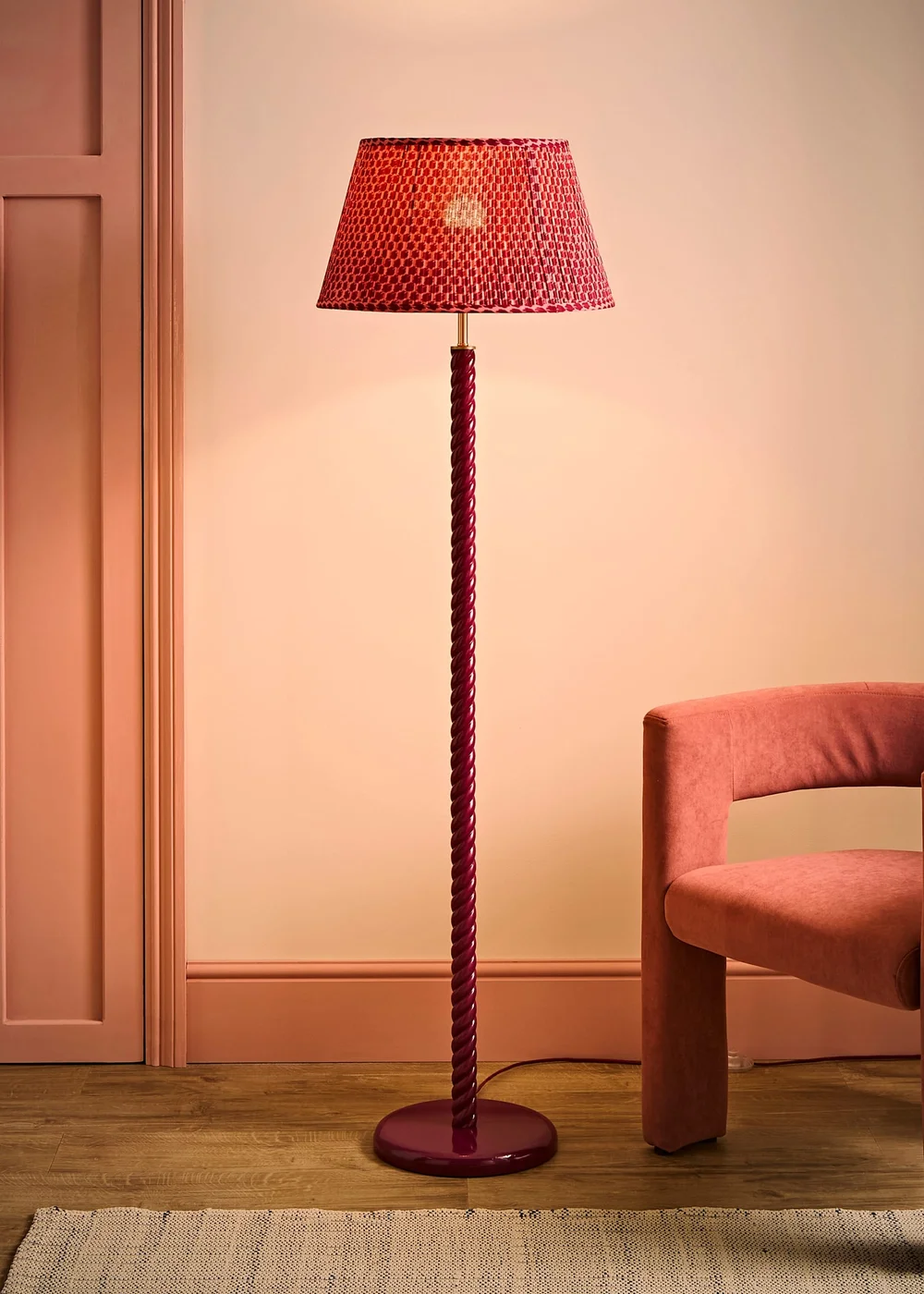 ValueLights Amara Pink Twist Floor Lamp With Double Pink Pleated Shade & Warm White Bulb - One Size Image 2