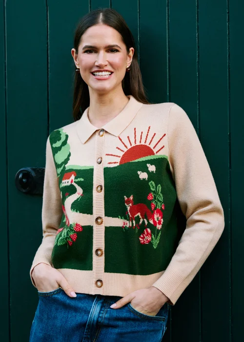 Yumi Beige Fox Scene Viscose Knitted Box Jacket - S Image 1