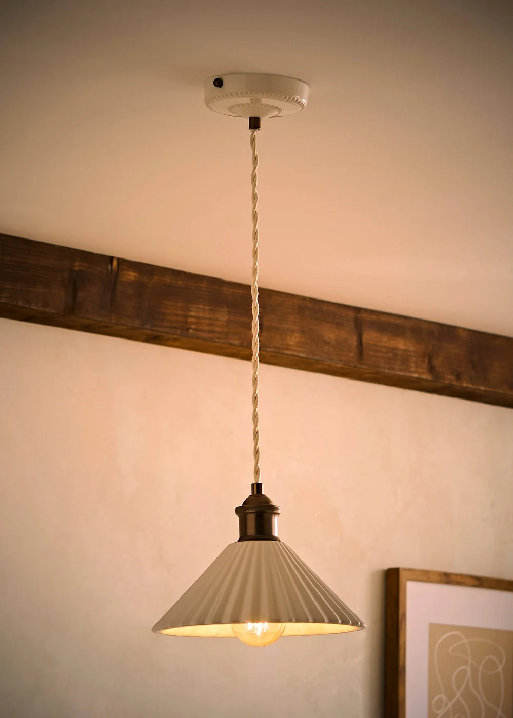 ValueLights Burford Ceramic Ribbed Ceiling Pendant With Warm White Bulb - One Size Image 2