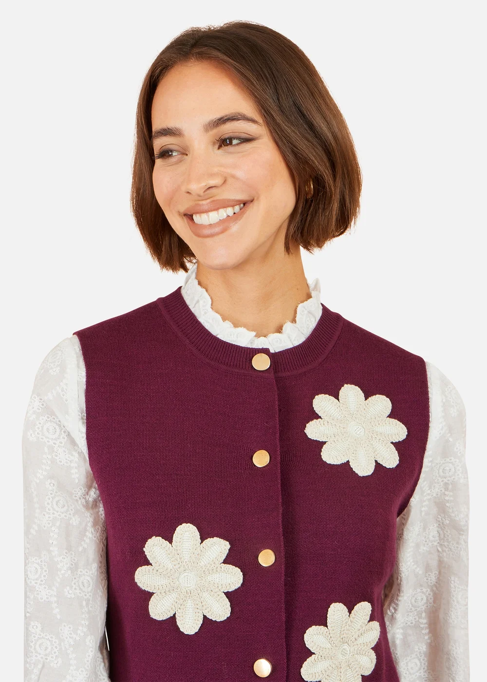 Yumi Burgundy Flower Applique Knit Waistcoat - S Image 3