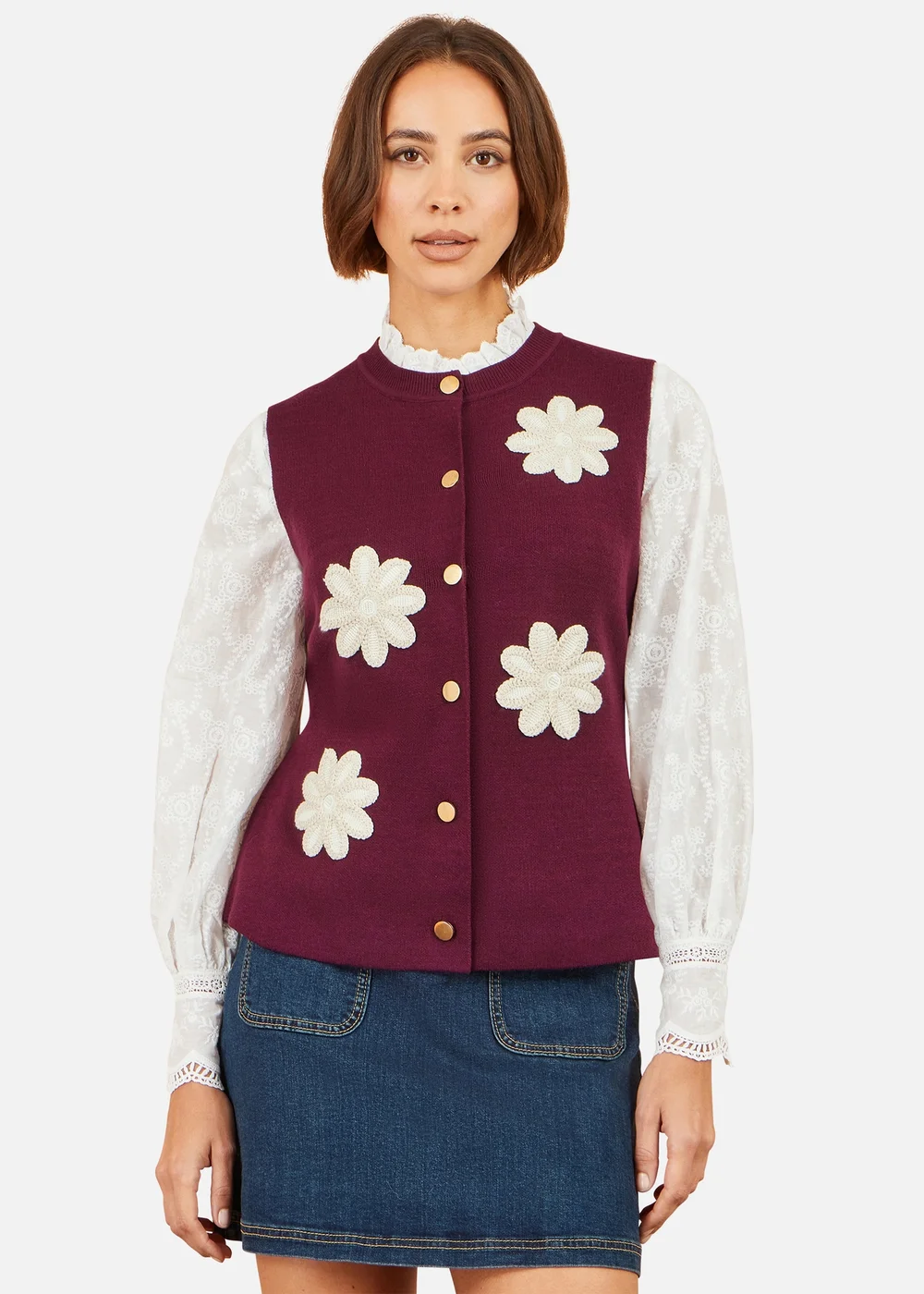 Yumi Burgundy Flower Applique Knit Waistcoat - S Image 1