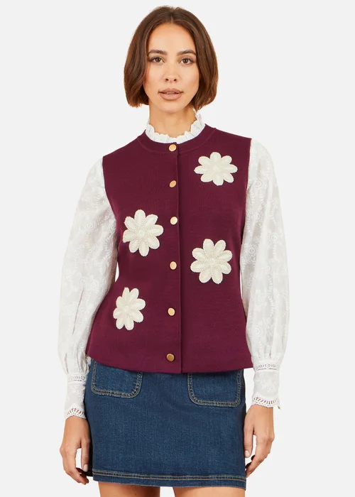 Yumi Burgundy Flower Applique Knit Waistcoat - S Image 1