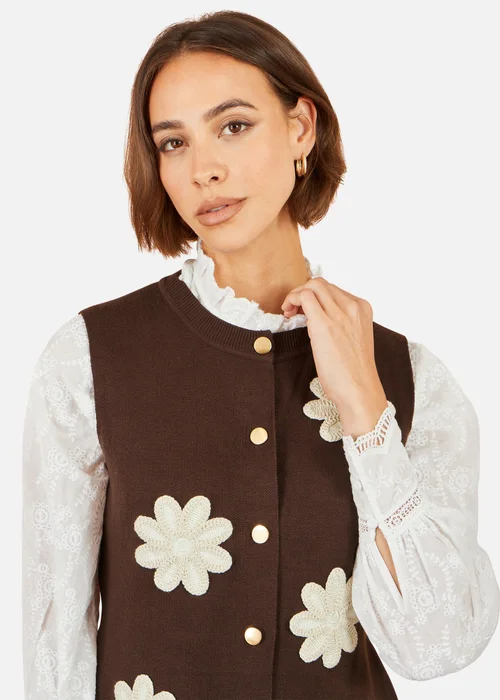 Yumi Brown Flower Applique Knit Waistcoat - M Image 3