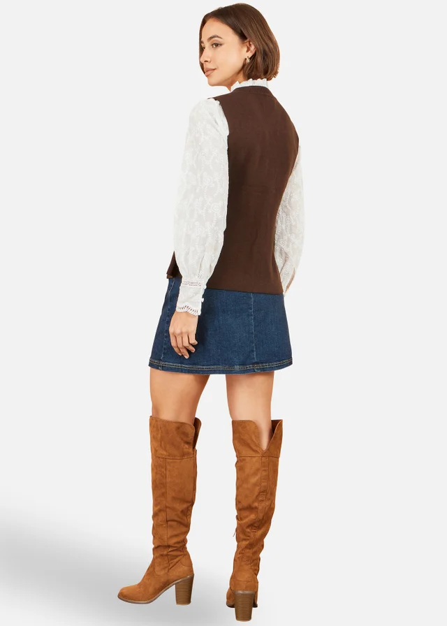 Yumi Brown Flower Applique Knit Waistcoat