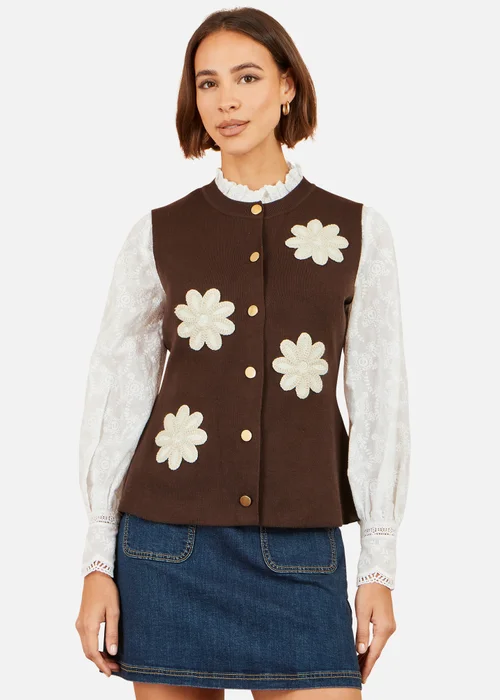 Yumi Brown Flower Applique Knit Waistcoat - M Image 1