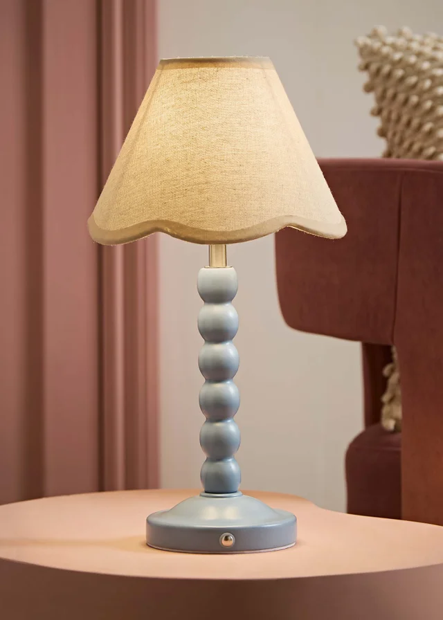 ValueLights Bobble Blue Rechargeable Table Lamp With Blue Trim Scallop Shade