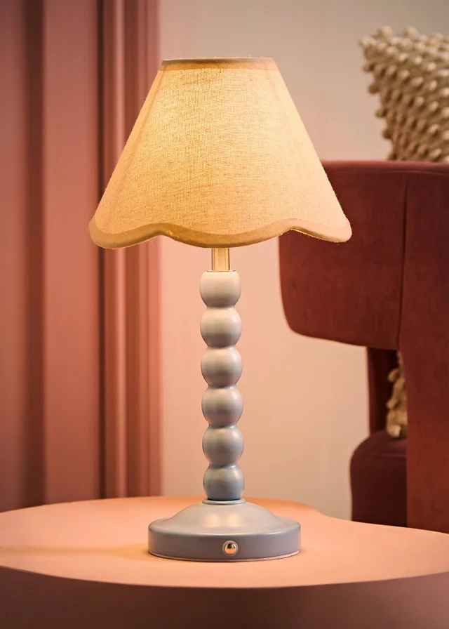 ValueLights Bobble Blue Rechargeable Table Lamp With Blue Trim Scallop Shade