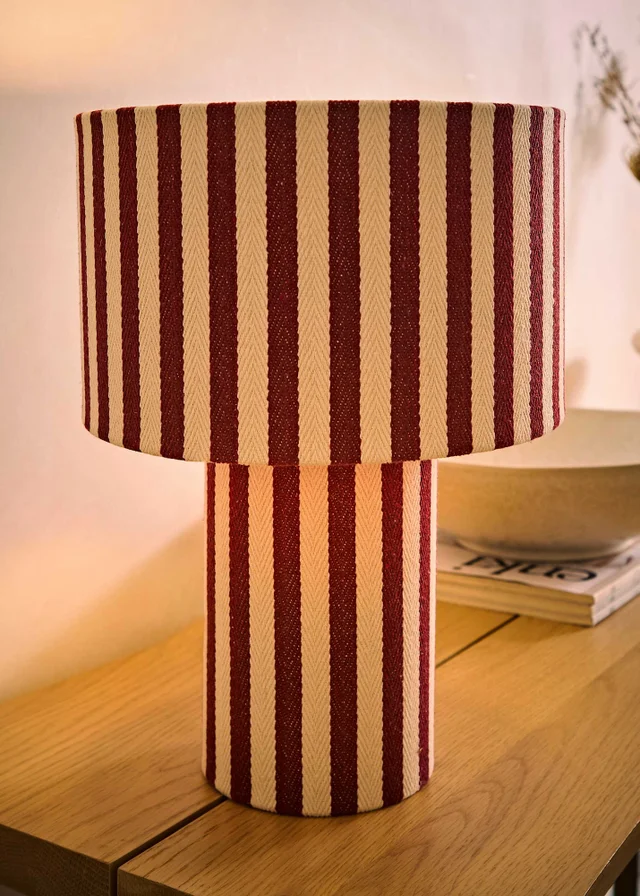ValueLights Florence Burgundy Pinstripe Linen Table Lamp With Warm White Bulb
