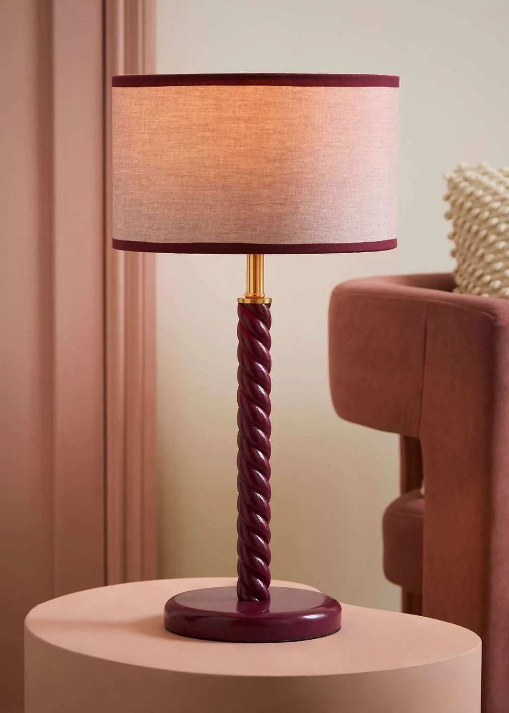 ValueLights Amara Pink Twist Table Lamp With Colour Match Inner Shade & Warm White Bulb - One Size Image 1