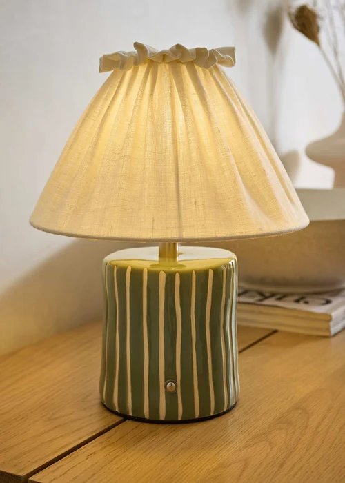 ValueLights Elma Green Stripe Rechargeable Table Lamp With Pleated Shade - One Size Image 1