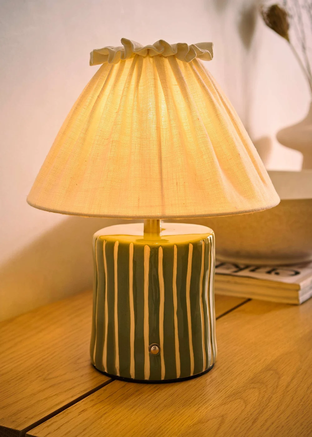 ValueLights Elma Green Stripe Rechargeable Table Lamp With Pleated Shade - One Size Image 2