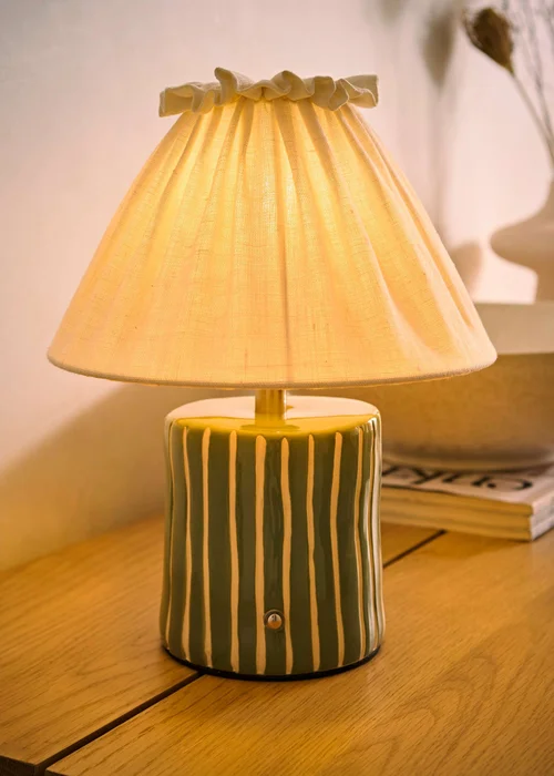 ValueLights Elma Green Stripe Rechargeable Table Lamp With Pleated Shade - One Size Image 2