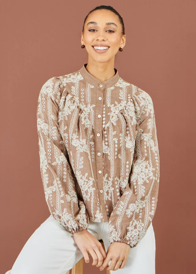 Yumi Brown Embroidered Floral Relaxed Shirt