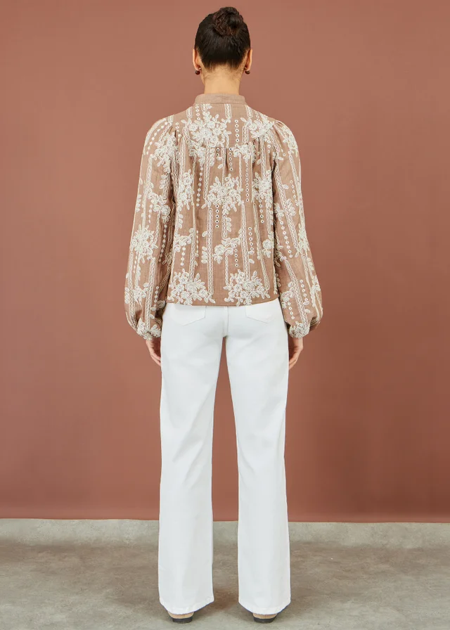 Yumi Brown Embroidered Floral Relaxed Shirt