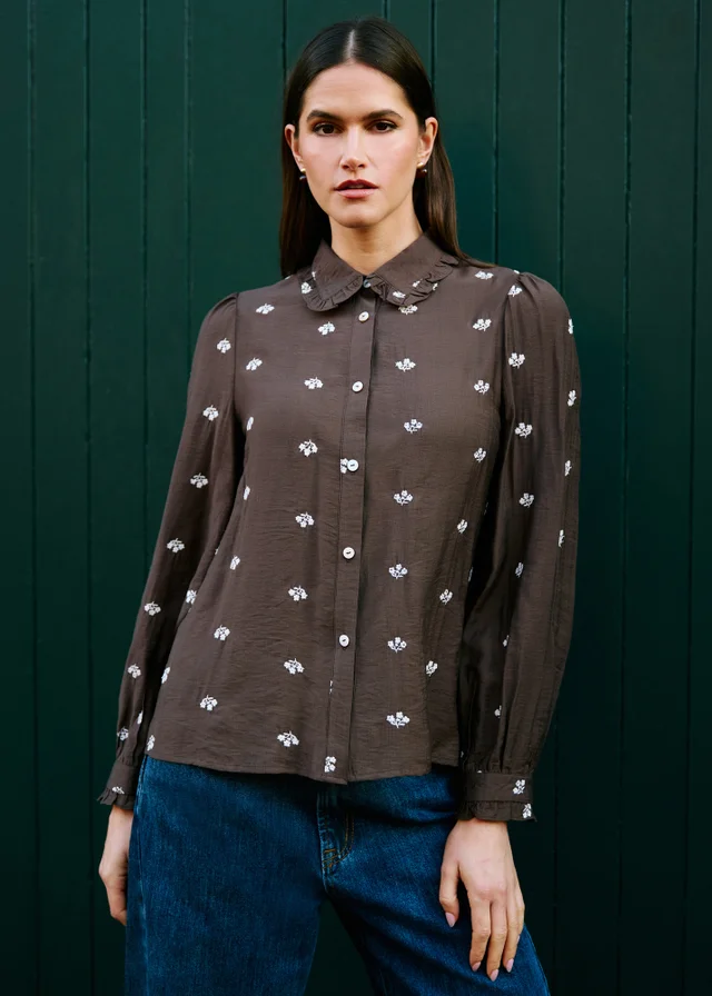 Yumi Brown Viscose Daisy Embroidered Shirt