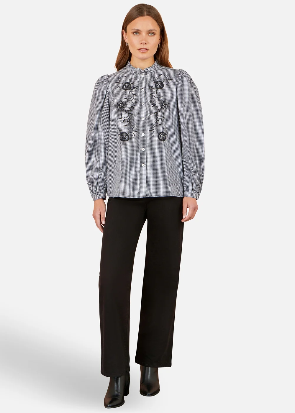 Yumi Black Cotton Gingham Embroidered Shirt - XL Image 2