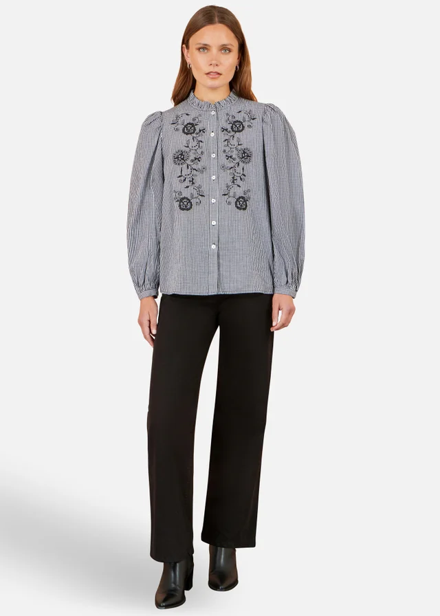 Yumi Black Cotton Gingham Embroidered Shirt