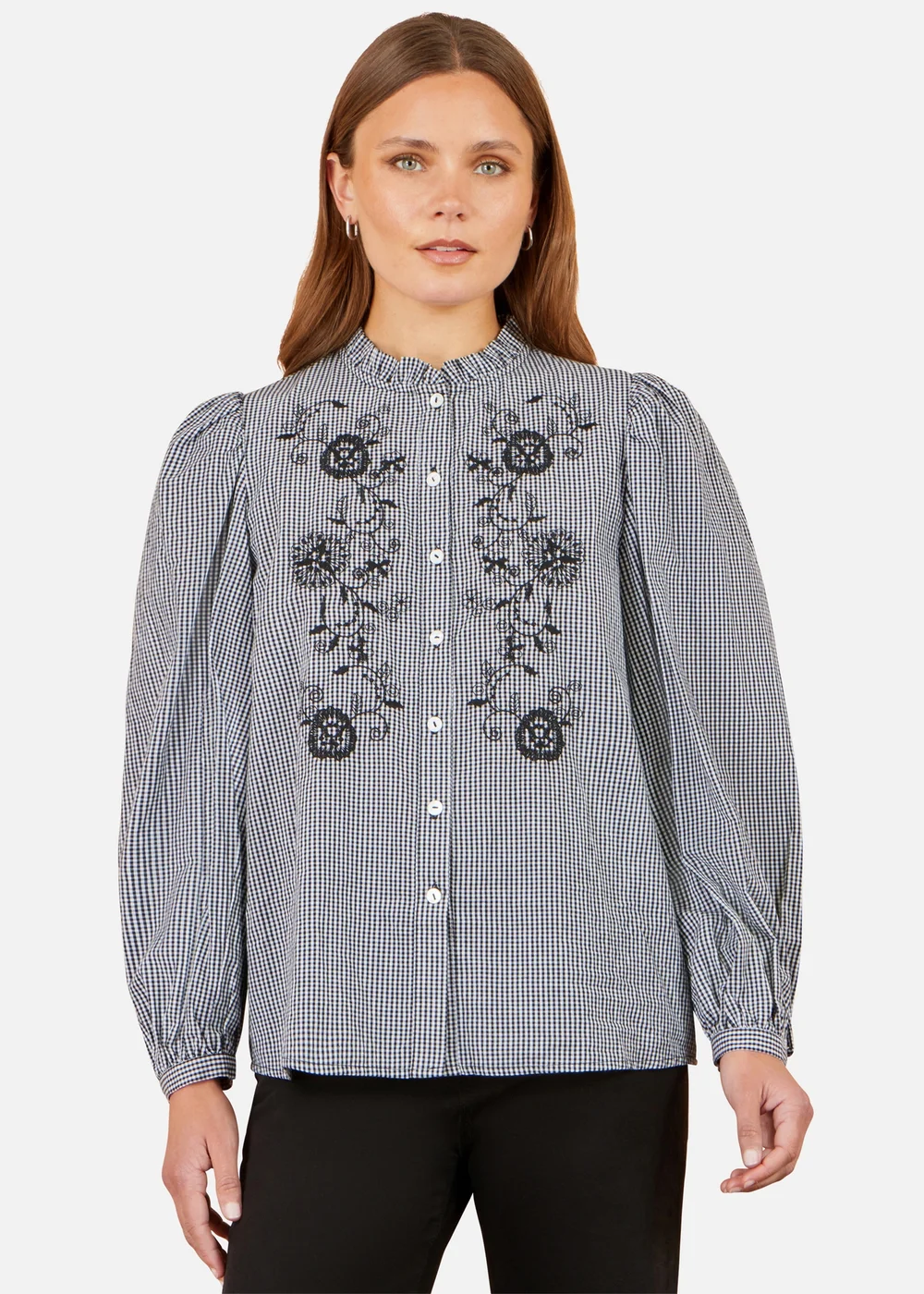 Yumi Black Cotton Gingham Embroidered Shirt - XL Image 1