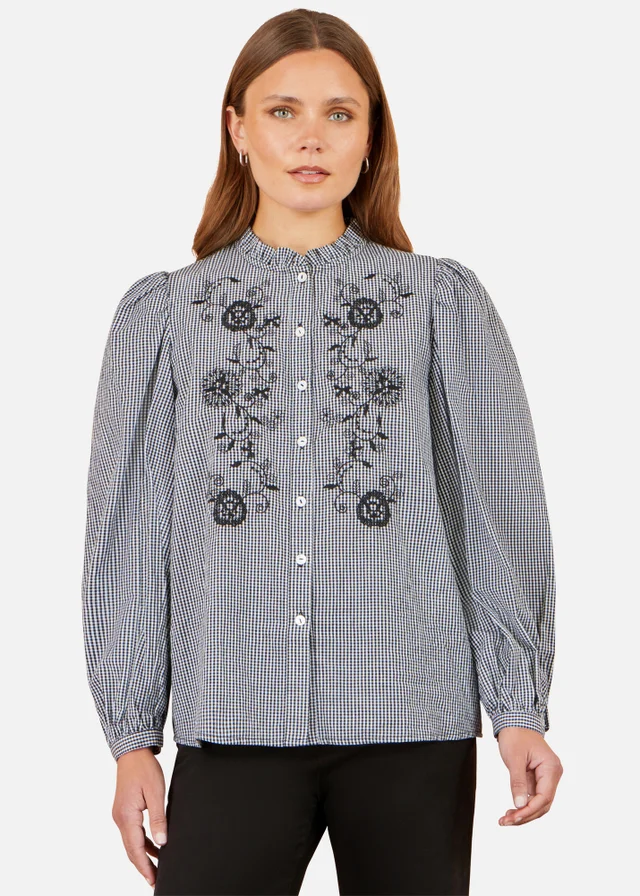 Yumi Black Cotton Gingham Embroidered Shirt