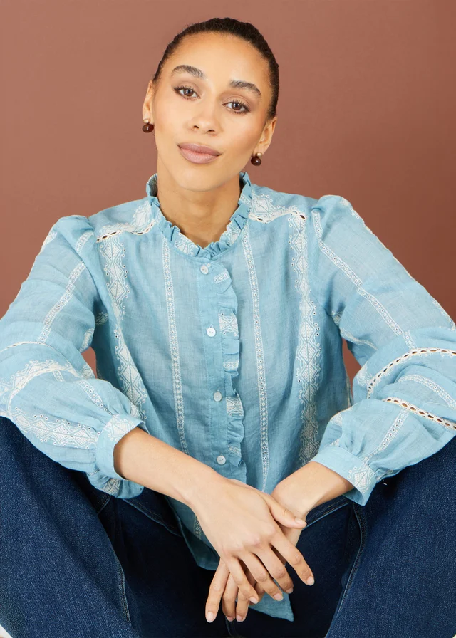 Yumi Blue Cotton Embroidered Panel Shirt