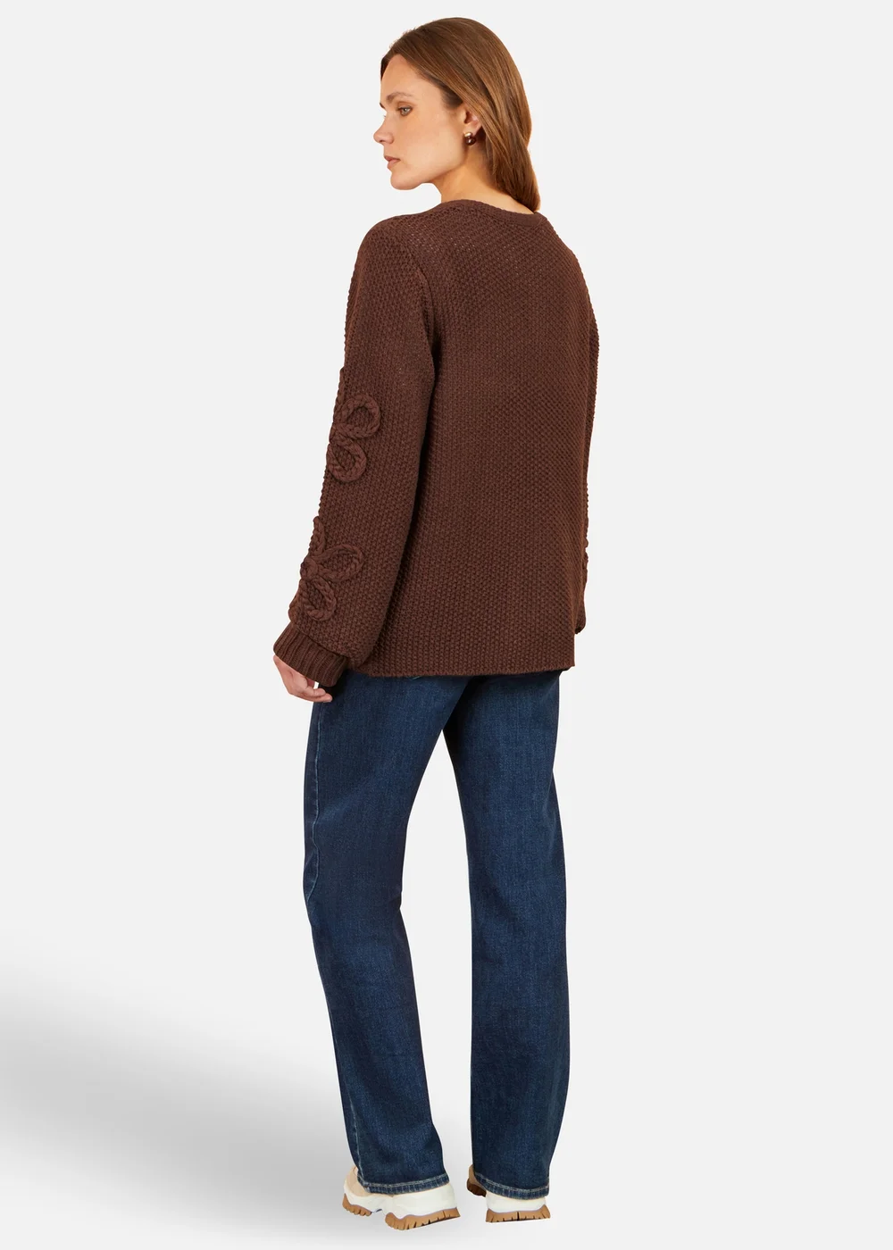 Yumi Brown Cardigan With Flower Detail Sleeves - M Image 3