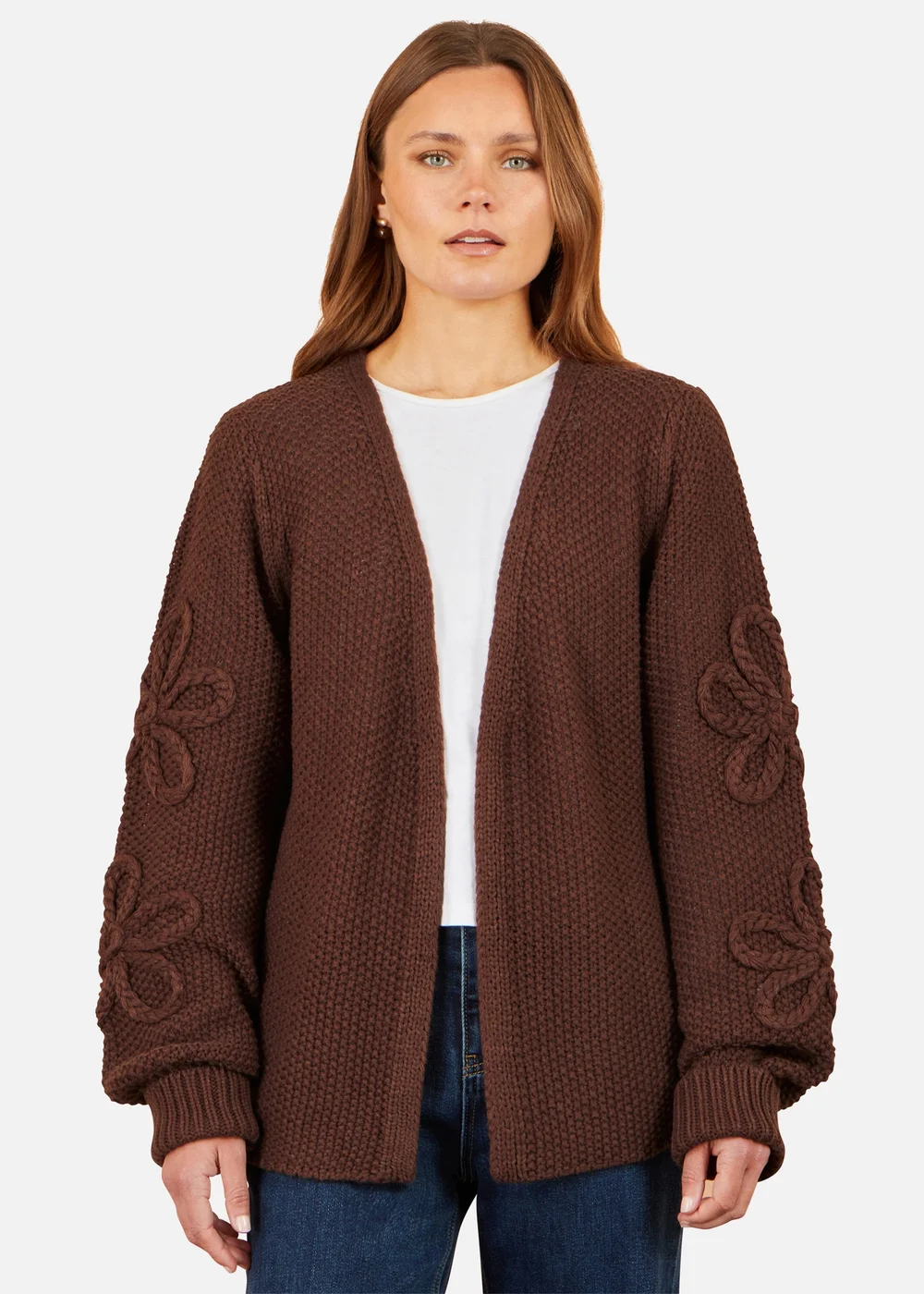 Yumi Brown Cardigan With Flower Detail Sleeves - M Image 1