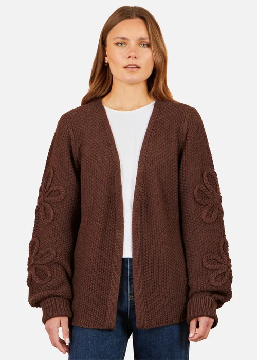 Yumi Brown Cardigan With Flower Detail Sleeves - M Image 1