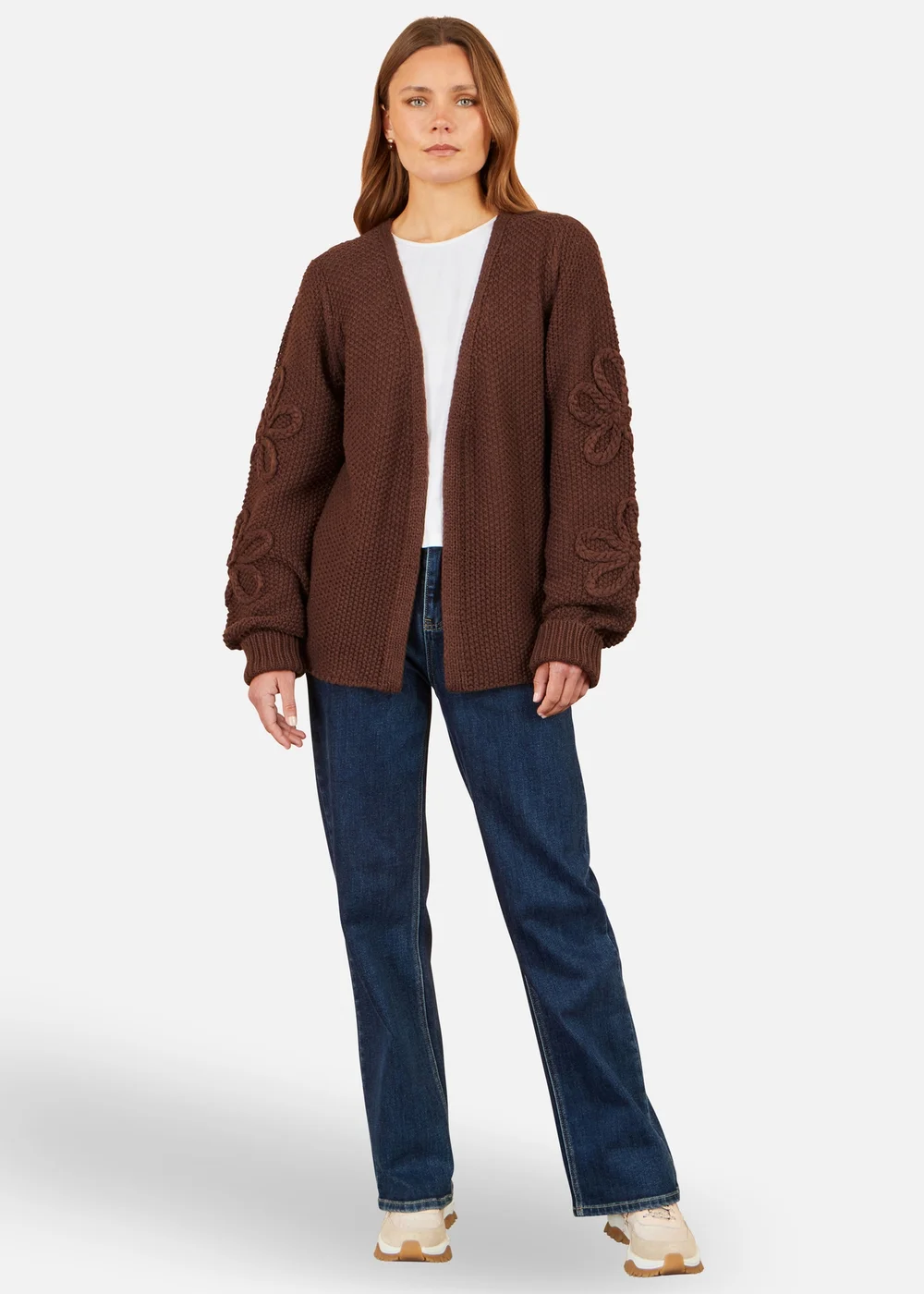 Yumi Brown Cardigan With Flower Detail Sleeves - M Image 2
